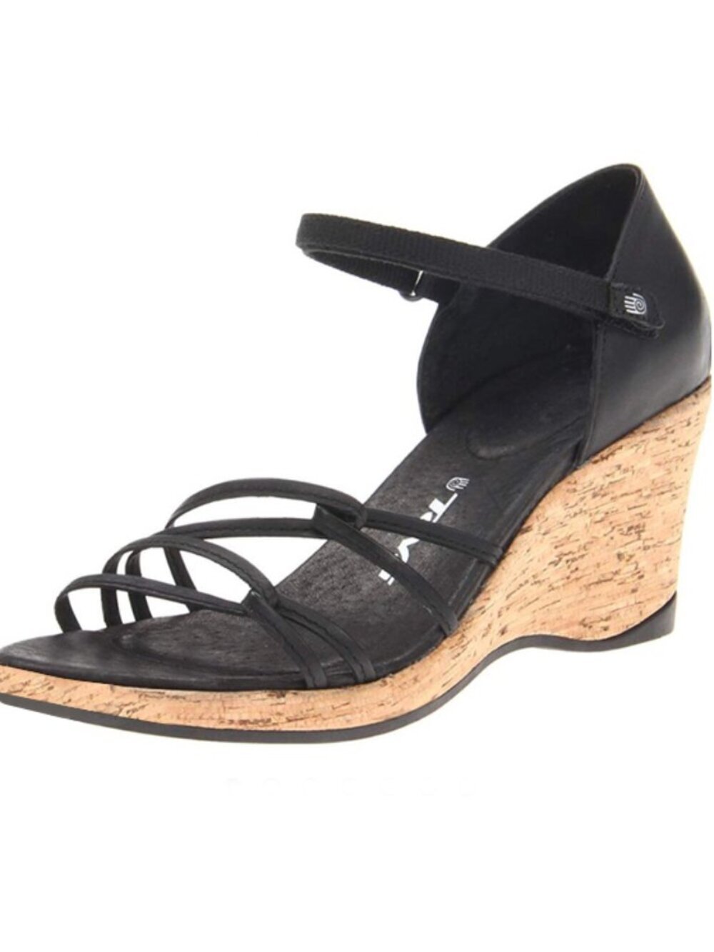 TEVA | Riviera Black Leather Strappy Cork Wedge Sandals, Size 7.5